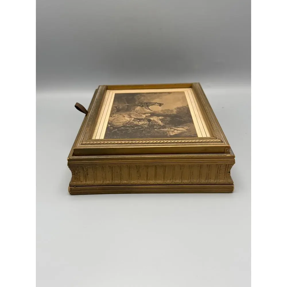 Gilt Wood Mirrored Jewelry Box Framed Pastoral Art Divided Vanity Keepsake